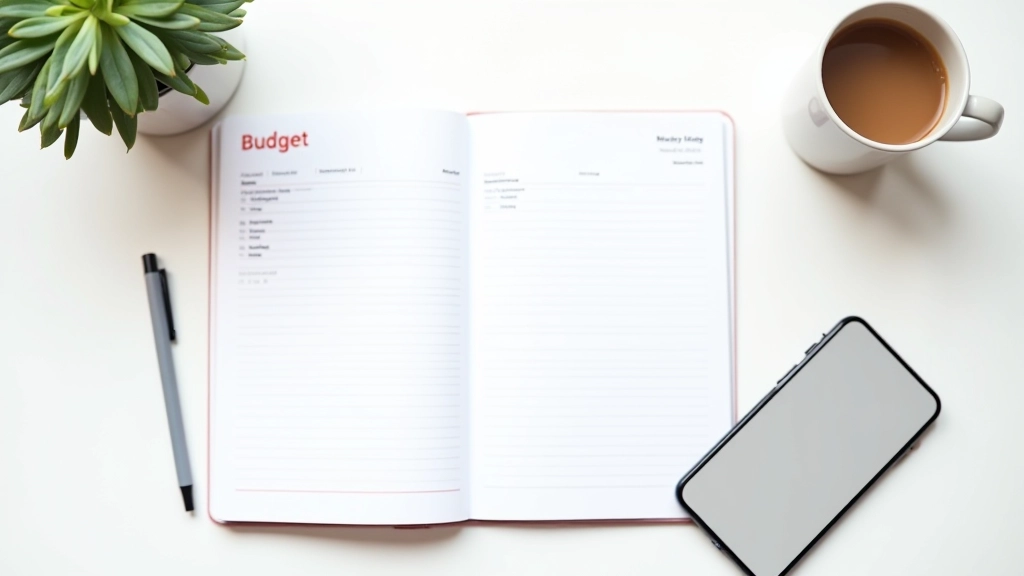 Multiple budget tracking methods displayed: notebook, mobile phone app, and financial planner on desk