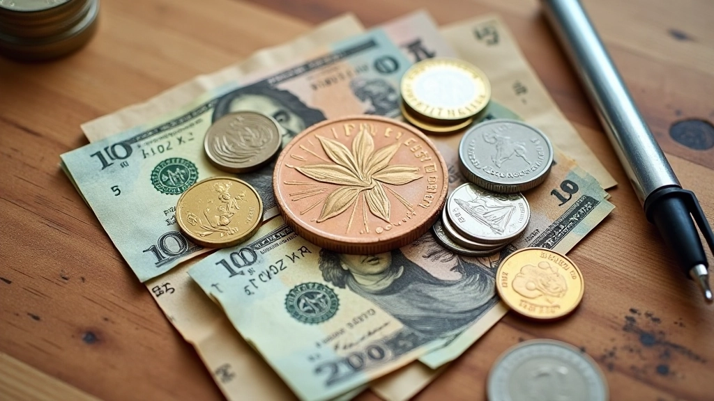 Colorful coins and banknotes arranged on wooden surface showing different currency denominations