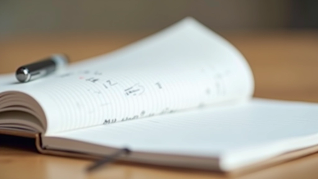 Close-up of expense tracker notebook with handwritten entries and pen on wooden desk, morning light