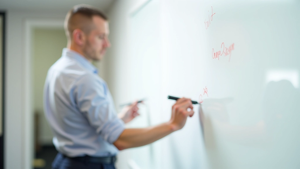 Person writing goals and savings targets on whiteboard with colorful markers in bright workspace