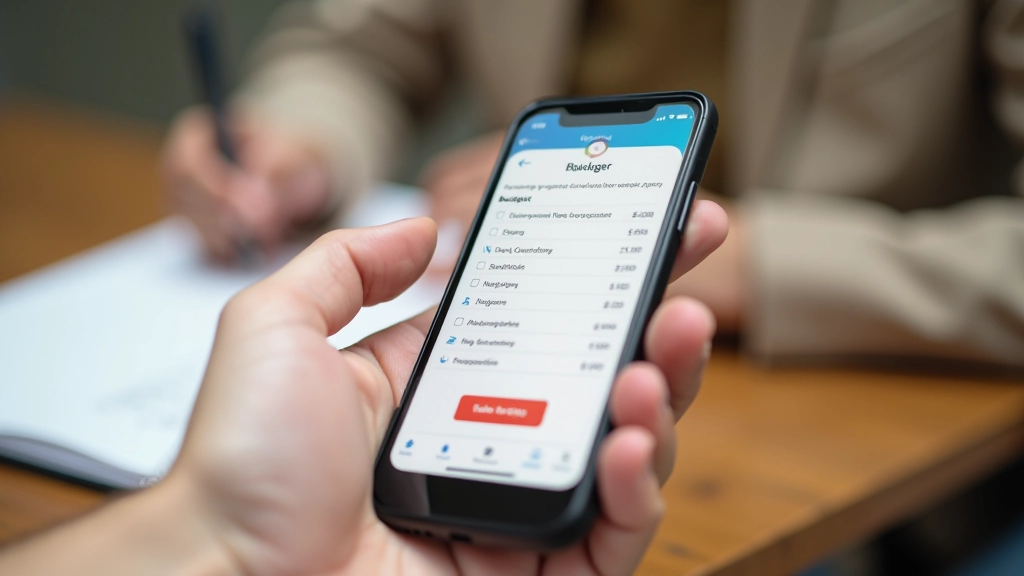 Mobile phone displaying budget app interface with spending categories and progress bars on home screen